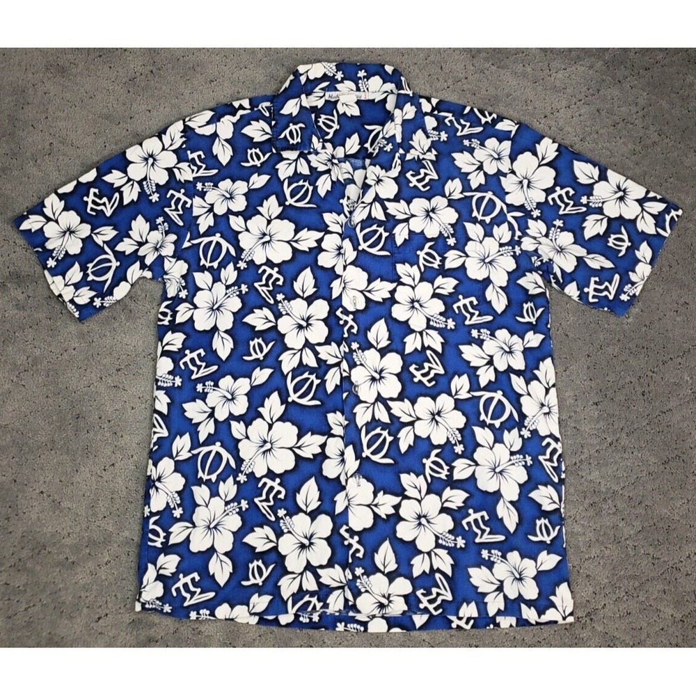 VTG Made In Hawaii Shirt Mens L Blue Hawaiian White Floral Surfing Beach Flowers